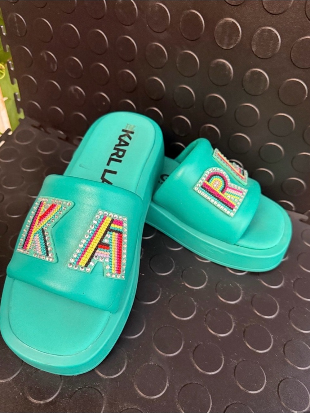 Karl Lagerfeld Women’sTeal Platform Slide Sandals